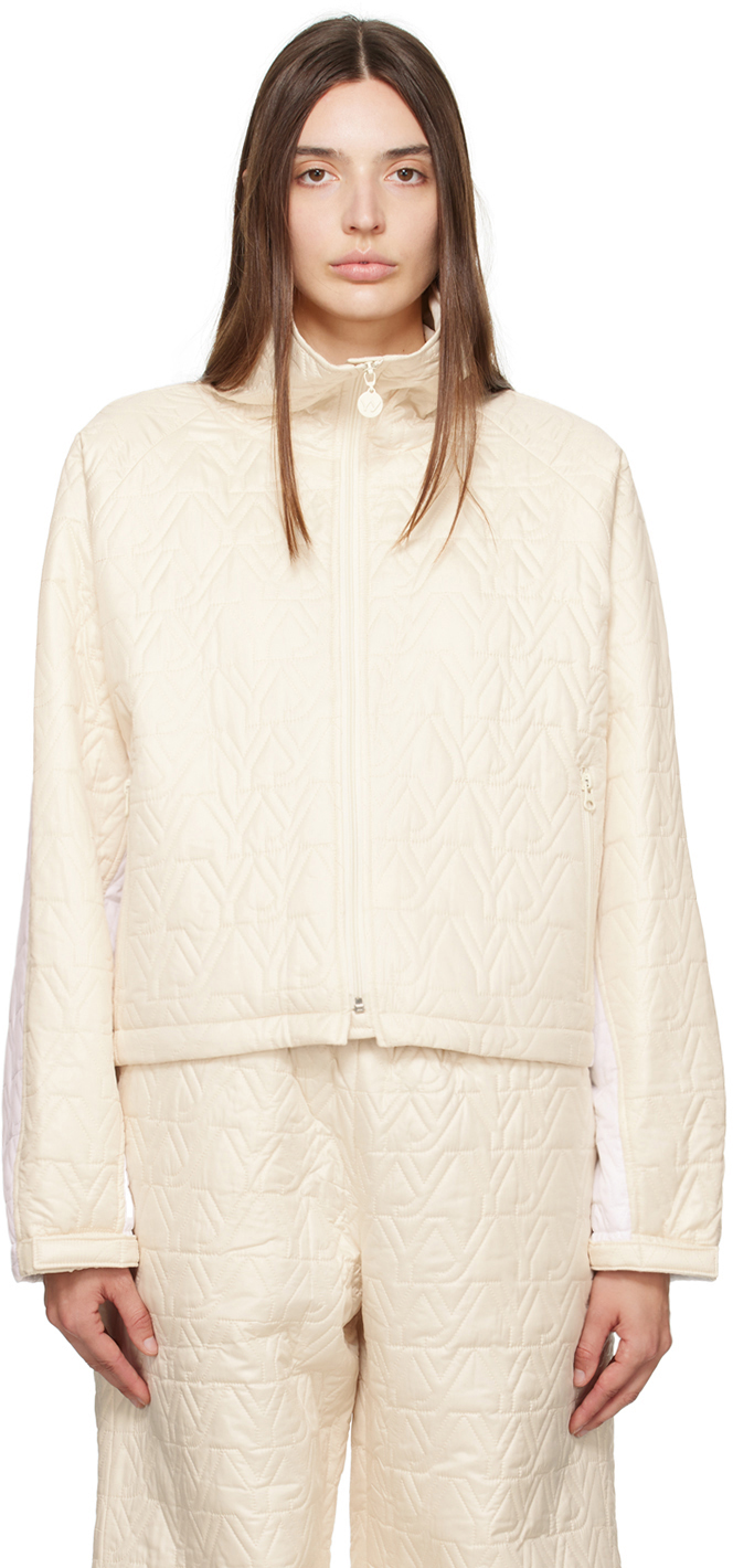 Beige & White 'YY' Quilted Bomber Jacket