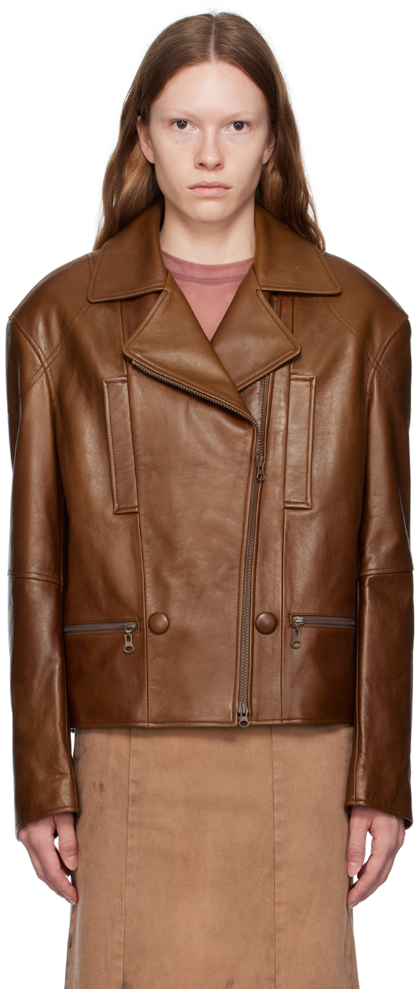 Open Yy Brown Moto Leather Jacket