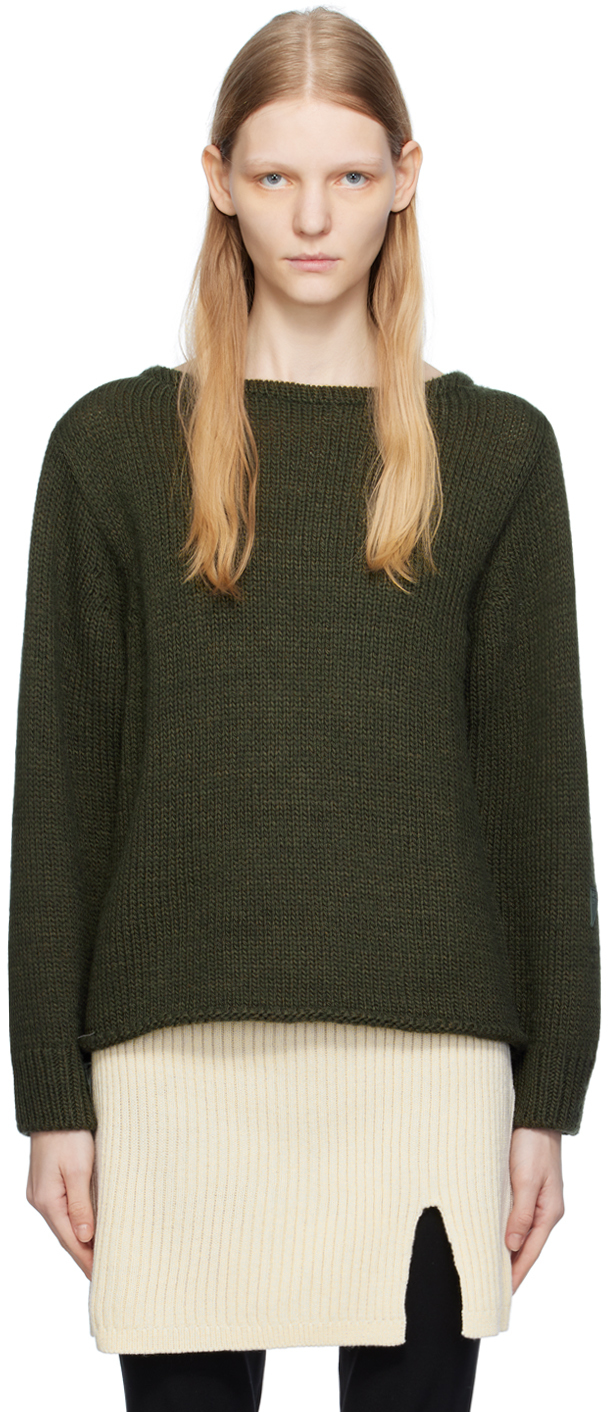 Green Boat Neck Sweater by OPEN YY on Sale