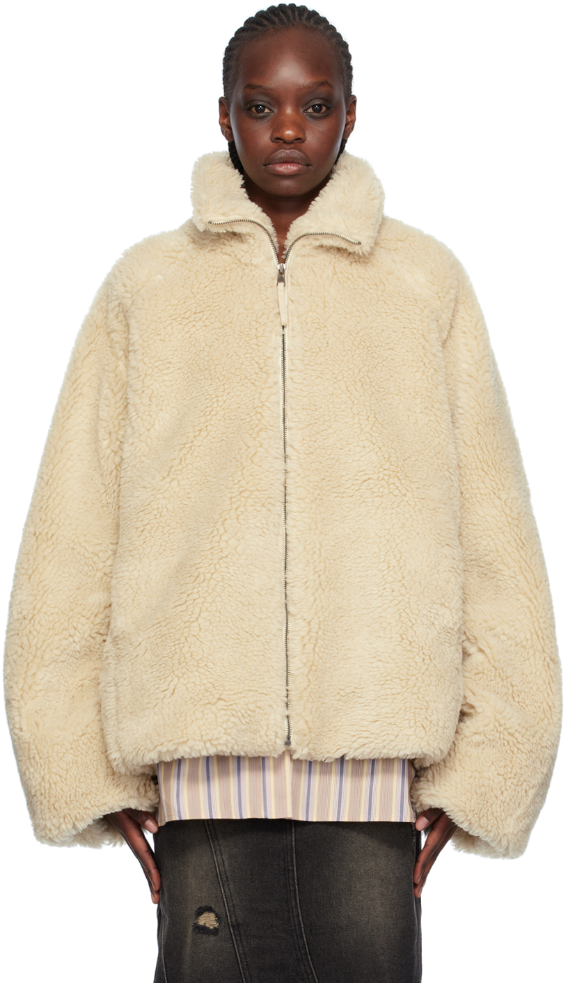 Off-White Funnel Neck Faux-Shearling Jacket