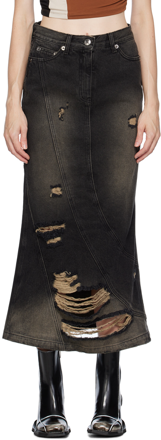 lesugiatelier Black Distressed Denim Midi Skirt