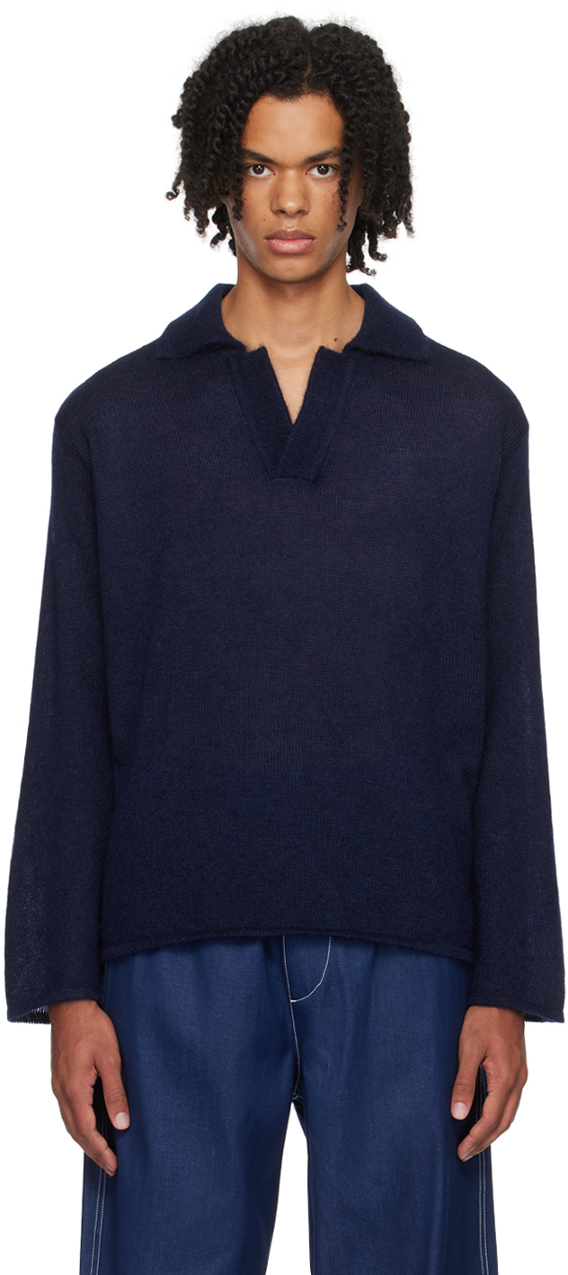 Shop Sunnei Navy Spread Collar Polo In 0097 Dark Blue