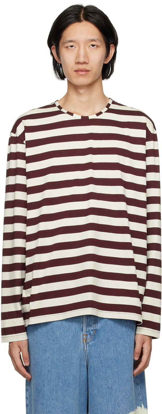 Shop Sunnei White & Burgundy Striped Long Sleeve T-shirt In 7838 Butter/burntaub