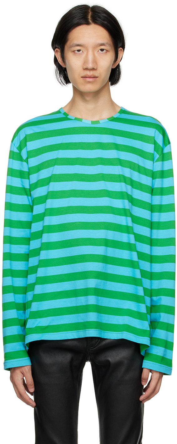 Shop Sunnei Green & Blue Striped Long Sleeve T-shirt In Ags Azure/green Stri