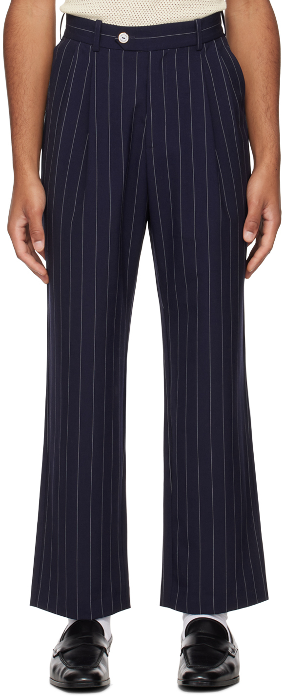 Late Checkout Navy Pinstripe Trousers In Blue