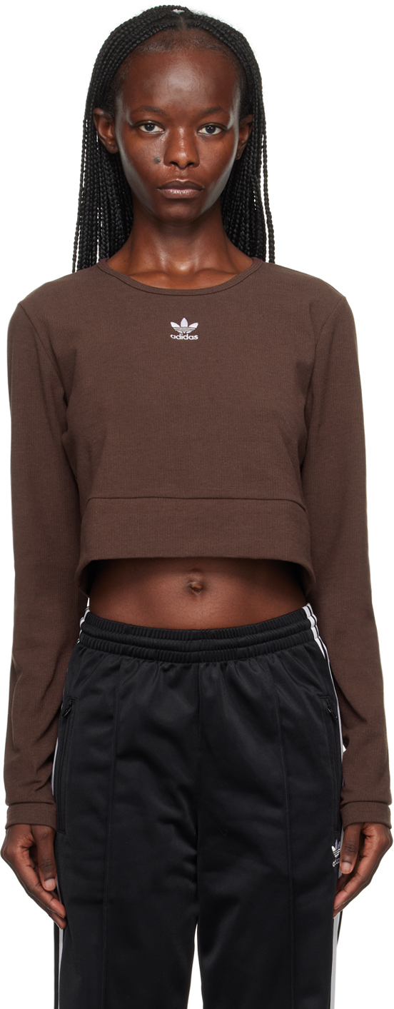 Adidas Originals Brown Essentials Rib Long Sleeve T-shirt In Shadow Brown