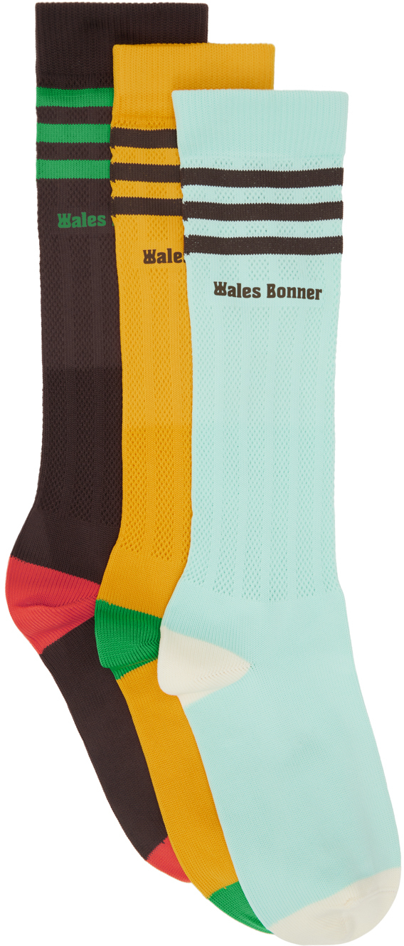 Wales Bonner Three-pack Multicolor Adidas Originals Edition Stripe Socks In Clear Mint/collegiat