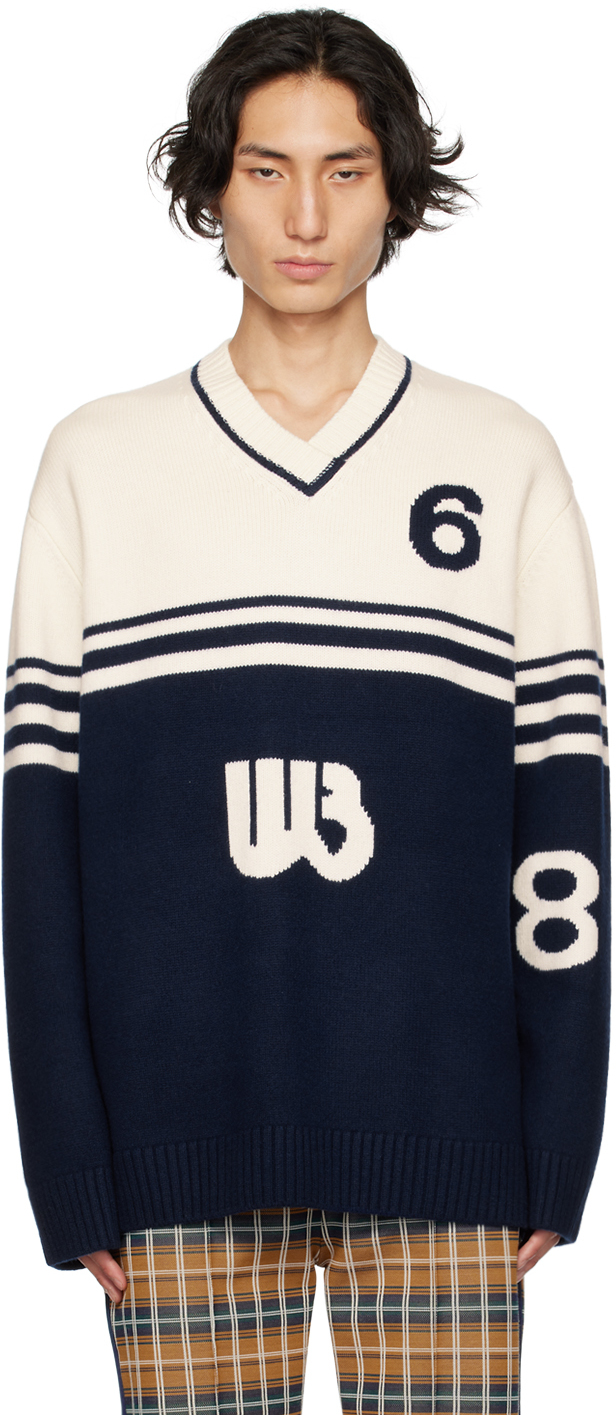 Wales Bonner Motif Sweater, Cardigans Multicolor In Ivory,navy