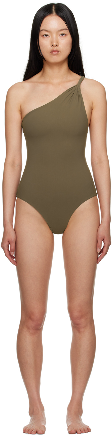 Shop Totême Khaki Twist One-piece Swimsuit In 601 Faded Olive