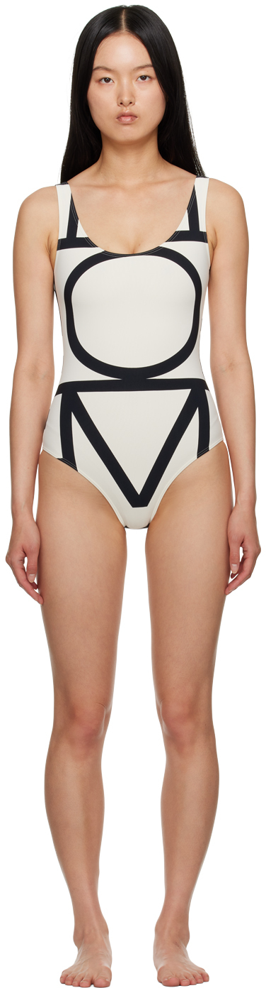Shop Totême Off-white & Black Monogram One-piece Swimsuit In 999 Tofu Black Monog