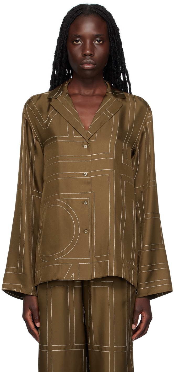 Monogram embroidered silk pajama top - Toteme - Women