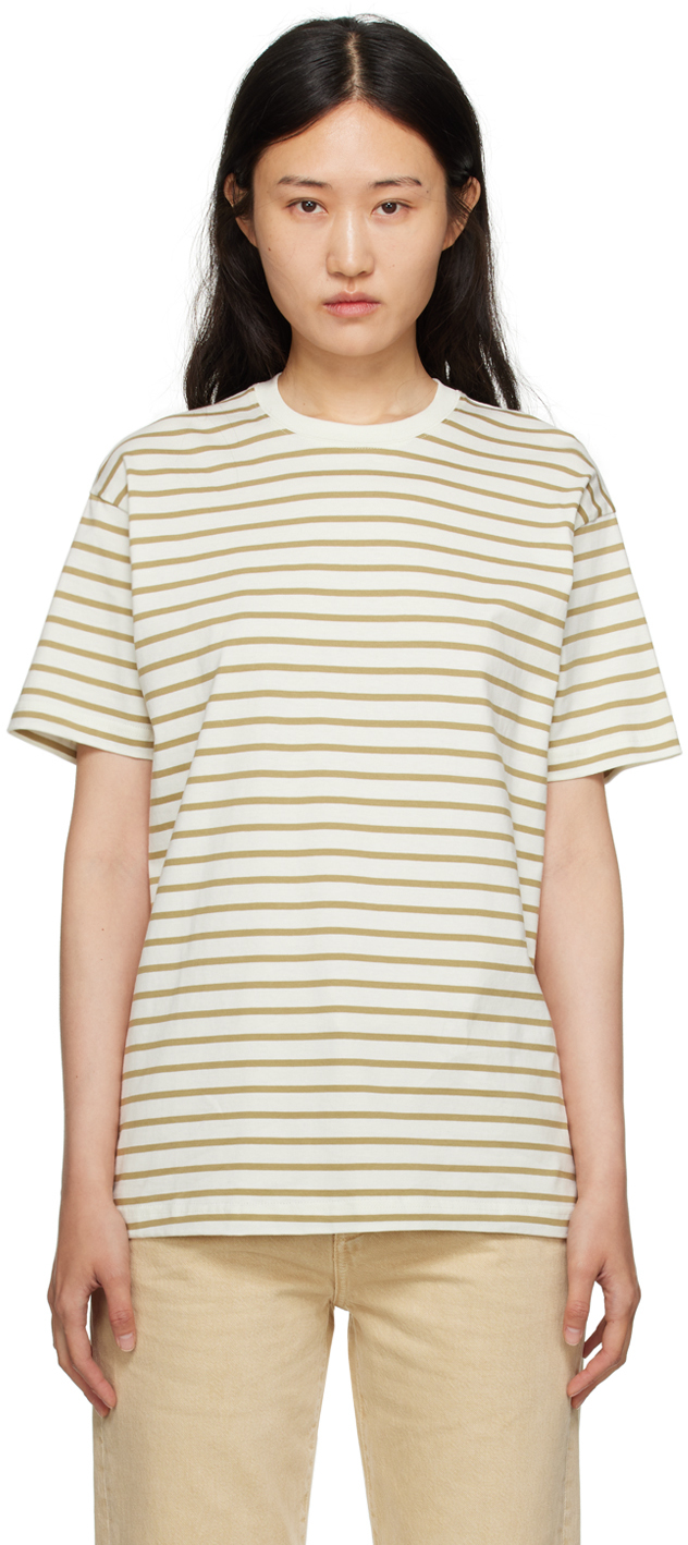 Totême Striped Straight Cotton T-shirt In Beige Multi