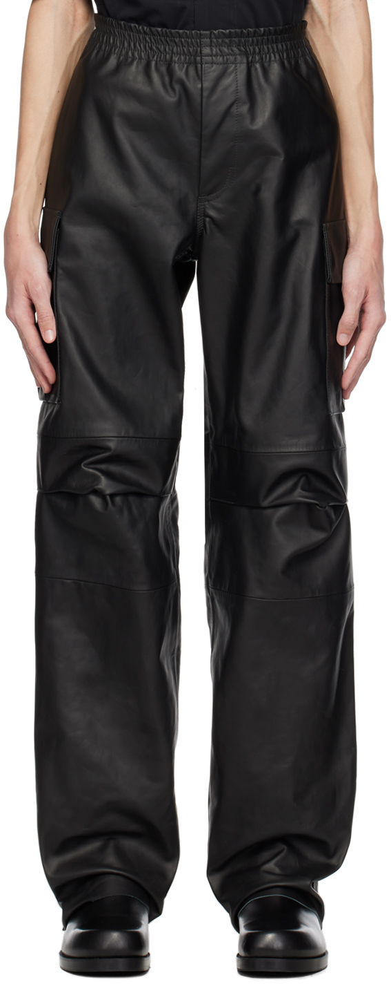 Black Pleated Leather Cargo Pants