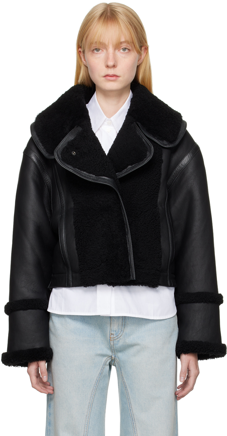 Shop Victoria Beckham Black Spread Collar Leather Jacket In Black/black 2613