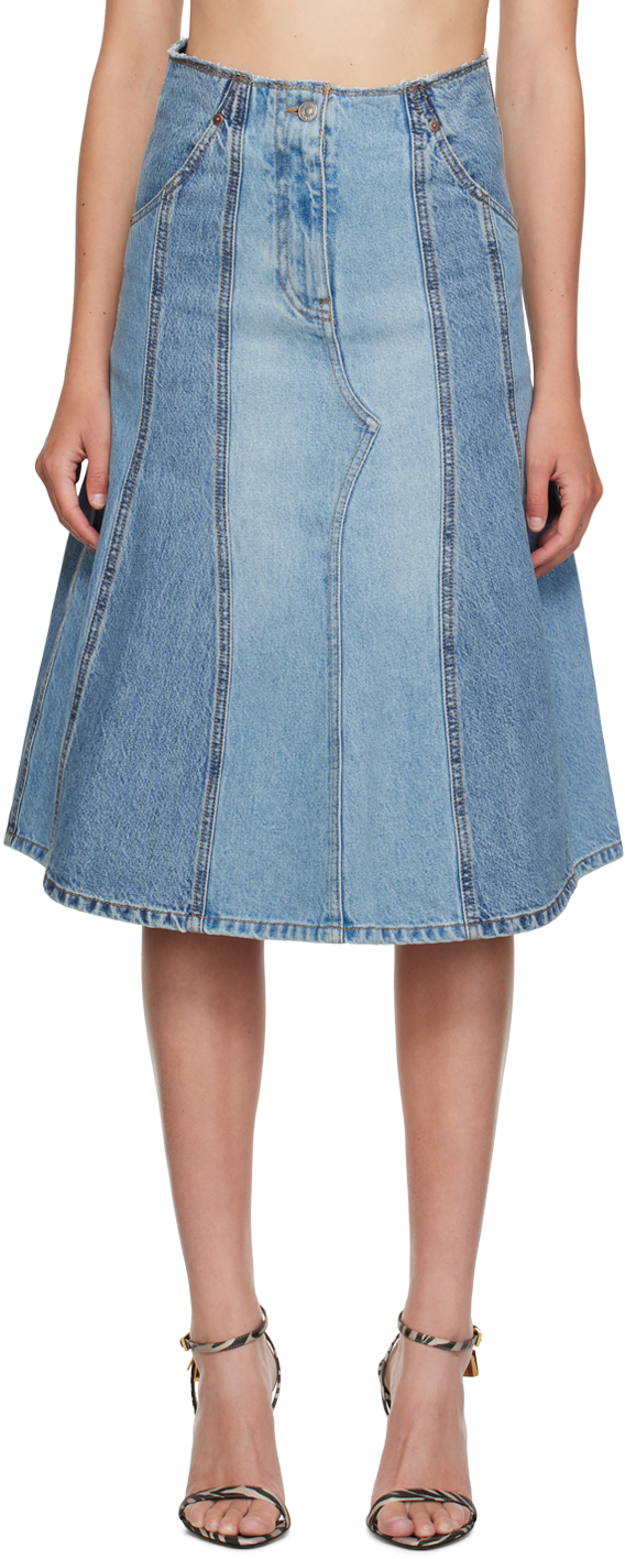 Blue Deconstructed Denim Midi Skirt