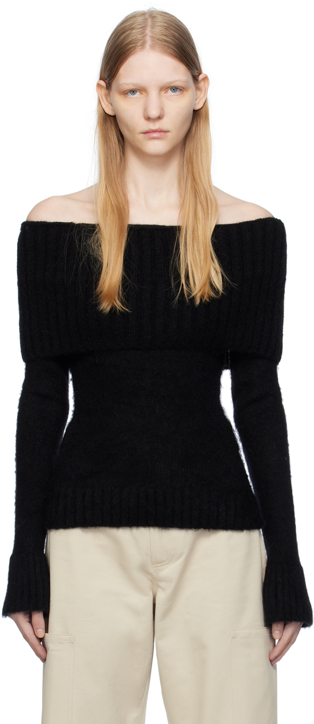 Black Off Shoulder Sweater by Elleme on Sale