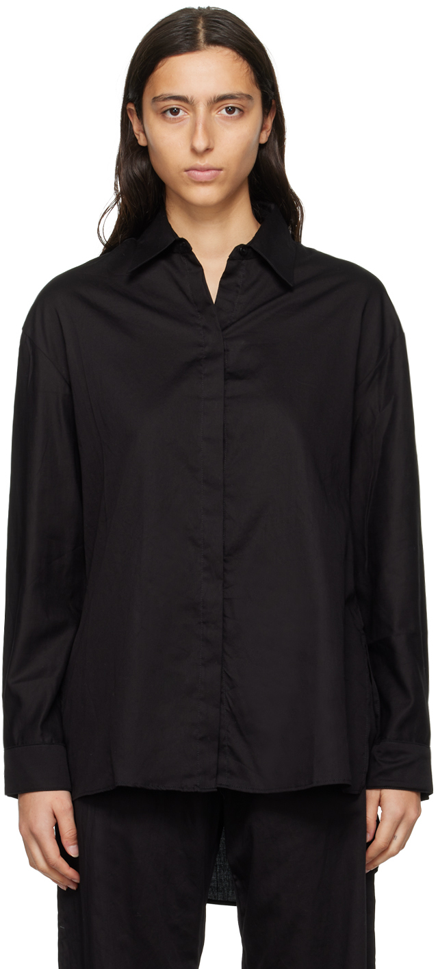 Leset Yoko Pleated-cuff Relaxed-fit Cotton-poplin Shirt In Black