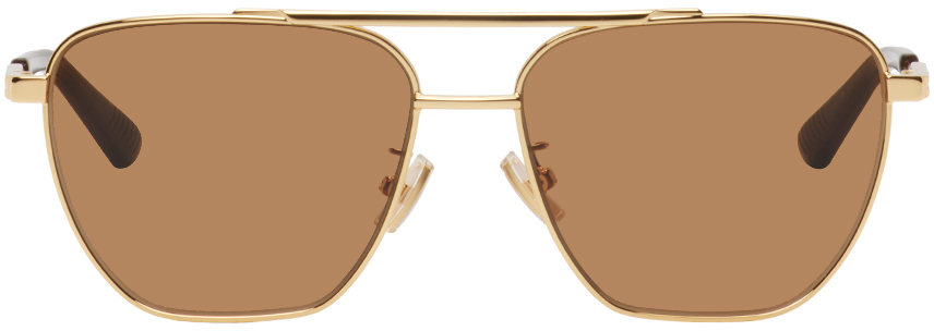 Bottega Veneta Gold Aviator Sunglasses In 002 Gold/gold/brown