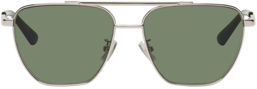 Bottega Veneta Silver & Green Aviator Sunglasses In 003 Silver/silver/gr