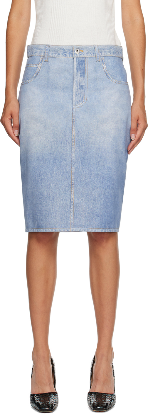 Blue Printed Leather Midi Skirt