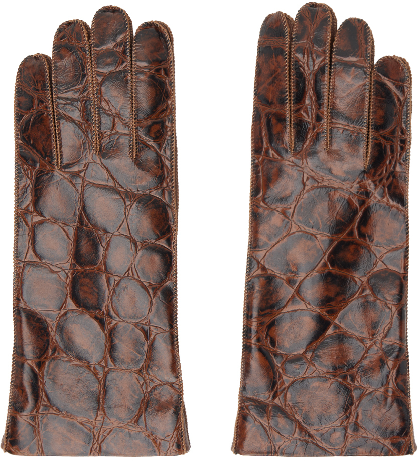Bottega Veneta Brown Crocodile-effect Leather Gloves In 2232-barrel