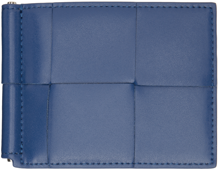 Bottega Veneta Navy Cassette Bill Clip Wallet In 4102 Cruise-silver
