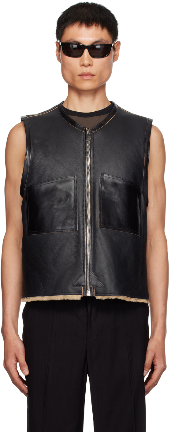 Black Patch Pocket Reversible Leather Vest by OUR LEGACY on Sale