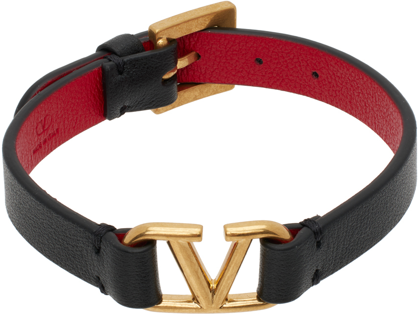 Shop Valentino Black Vlogo Signature Bracelet In 0sm Nero/rouge Pur