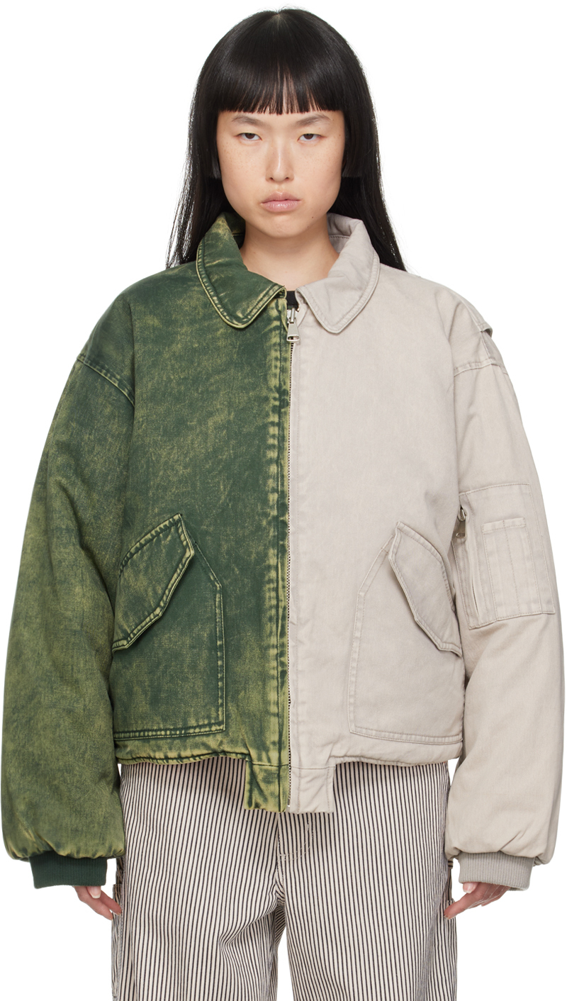 (di)vision: Green & Beige Split Denim Bomber Jacket | SSENSE