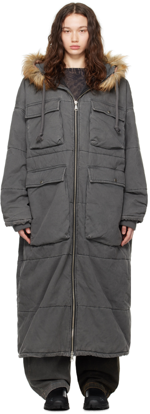 (d)ivision Grey Quilted Puffer Coat In Dark Grey