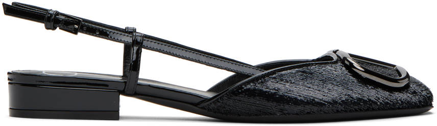 V Logo Leather Slingback Flats in Black - Valentino Garavani