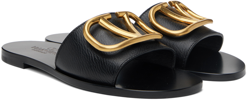 Valentino Garavani Vlogo Signature Slide Sandal In Grainy Cowhide With Accessory Woman Black 37.5 In 0no Nero