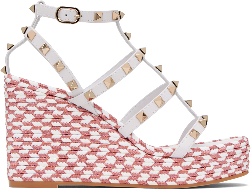 Valentino Garavani White & Pink Rockstud Heeled Sandals In Jz1