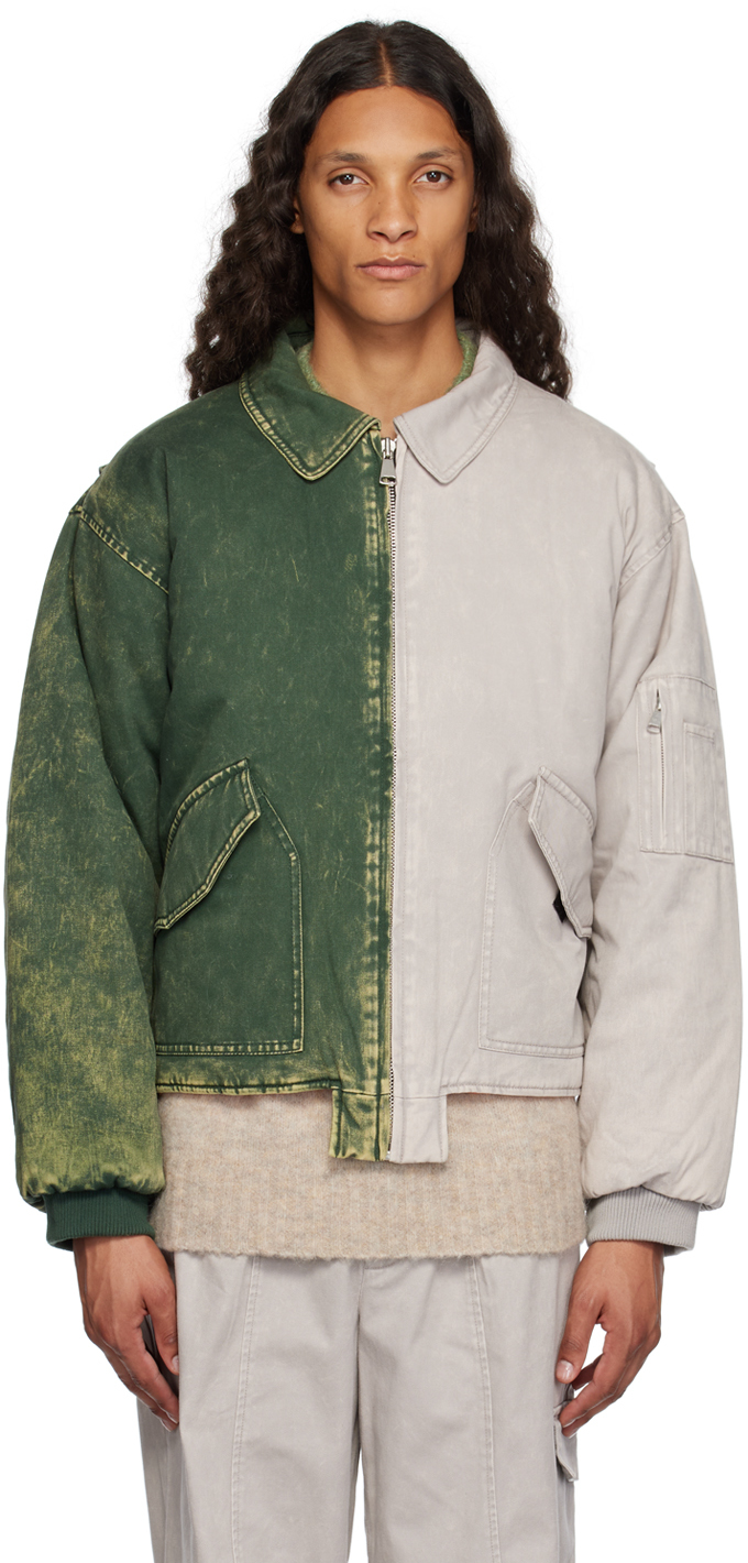 Green & Beige Split Bomber Jacket by (di)vision on Sale