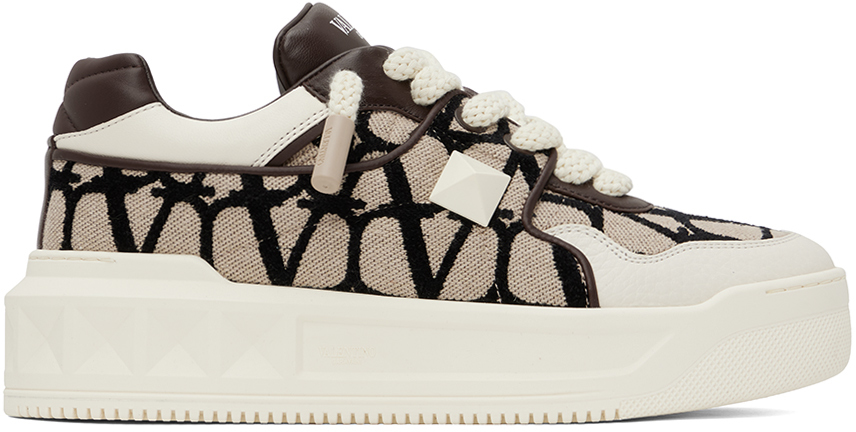 Shop Valentino Off-white & Brown One Stud Xl Sneakers In Kfn Naturale-nero/fo