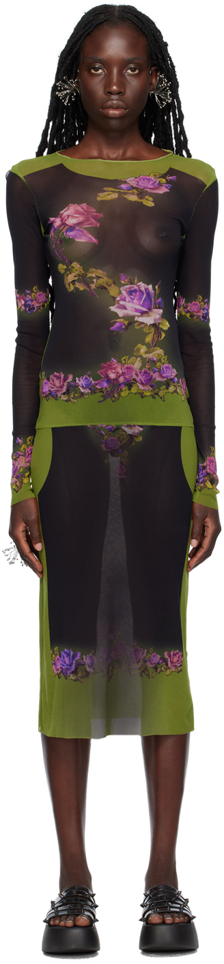 Shop Jean Paul Gaultier Black & Green 'the Fleurs Petit Grand' Midi Dress In 4000-green/black