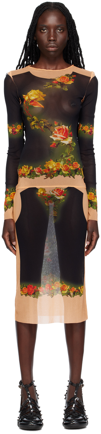 Shop Jean Paul Gaultier Black & Orange 'the Fleurs Petit Grand' Midi Dress In 6800-beige/black