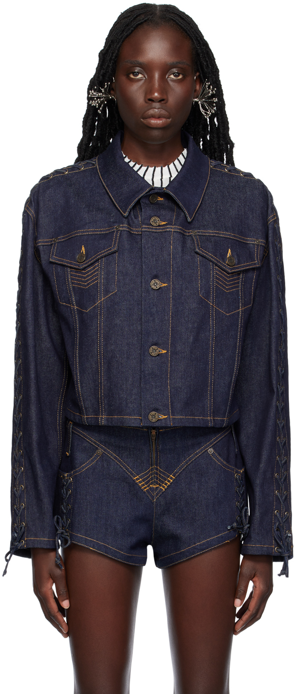 Jean Paul Gaultier Womens Indigo Contrast-stitch Cropped Cotton-blend Jacket In Blue