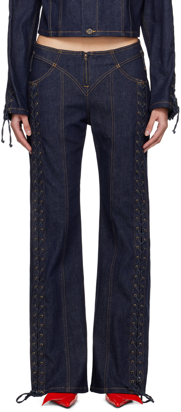 Shop Jean Paul Gaultier Indigo 'the Lace-up' Jeans In 55-indigo