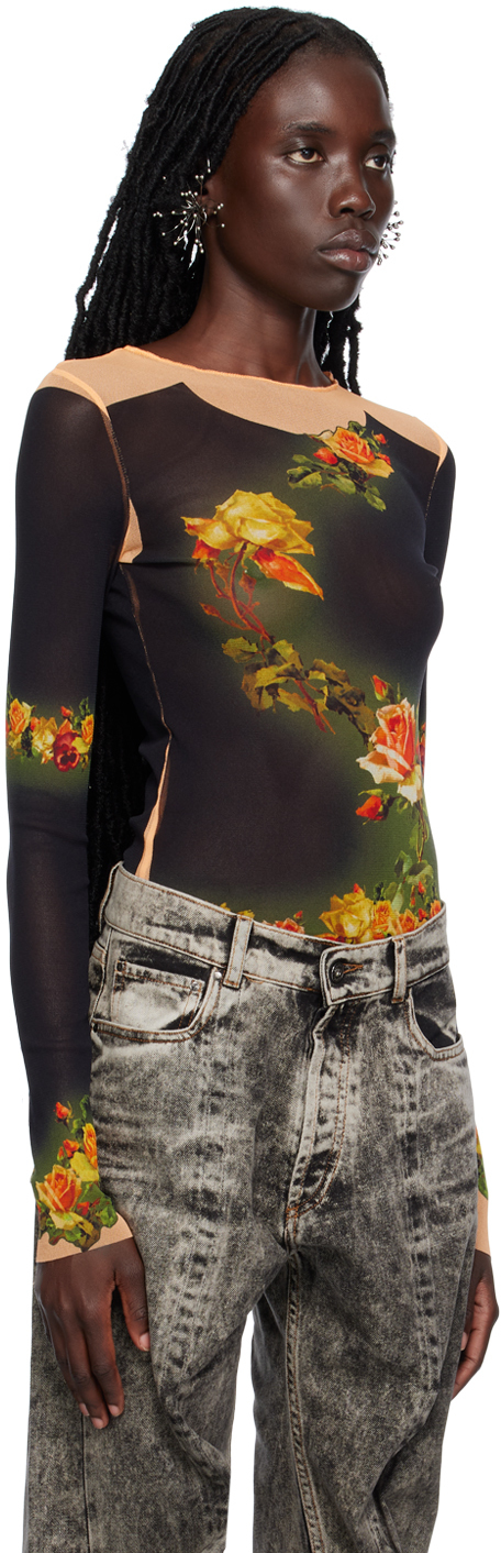Jean Paul Gaultier T-shirt Fleur Petit Grand Woman Black Beige In Polyamide In 6800-beige/black