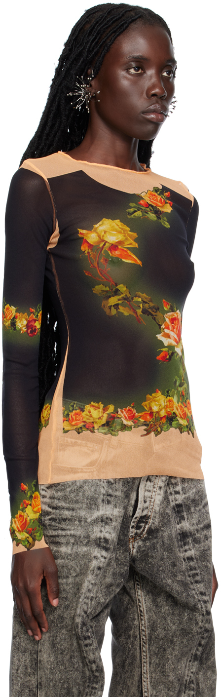 Jean Paul Gaultier T-shirt Fleur Petit Grand Woman Black Beige In Polyamide In 6800-beige/black