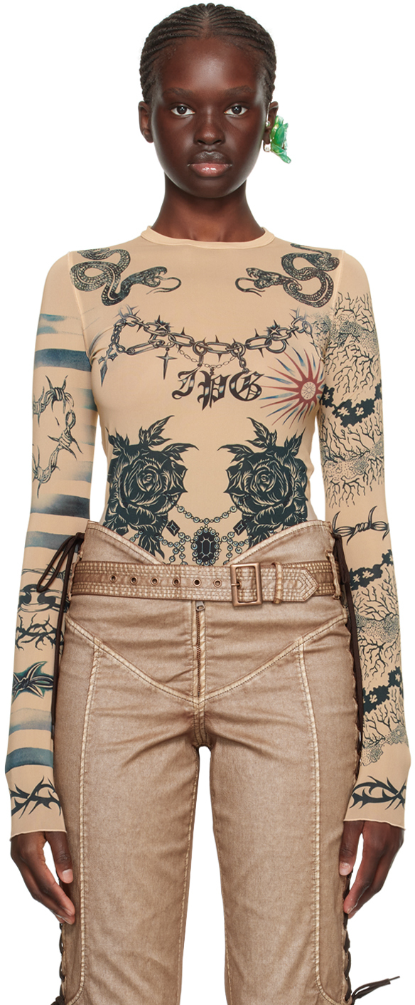 Jean Paul Gaultier X Knwls Printed Stretch-jersey Top In 630200 Nude/grey/blk