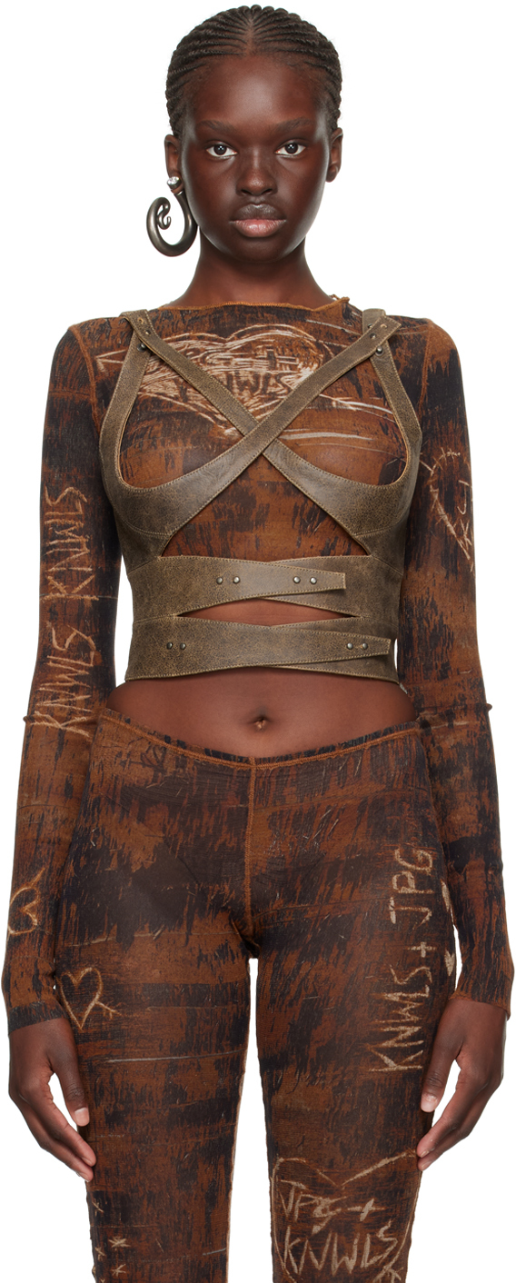 JEAN PAUL GAULTIER BROWN KNWLS EDITION LEATHER TANK TOP