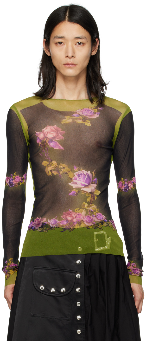Green Fleurs Petit Grand Long Sleeve T-Shirt by Jean Paul Gaultier on Sale