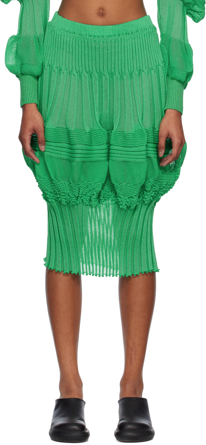 ISSEY MIYAKE: Green Assemblage Midi Skirt | SSENSE