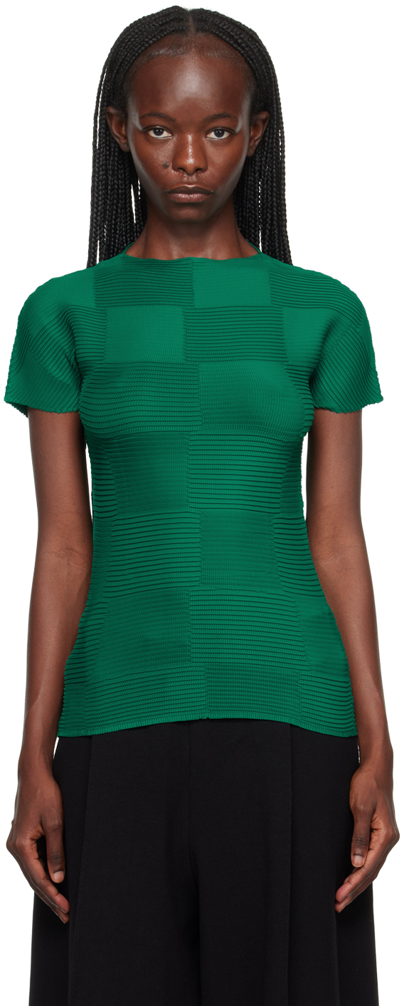 ISSEY MIYAKE Green Checkered Pleats T-Shirt