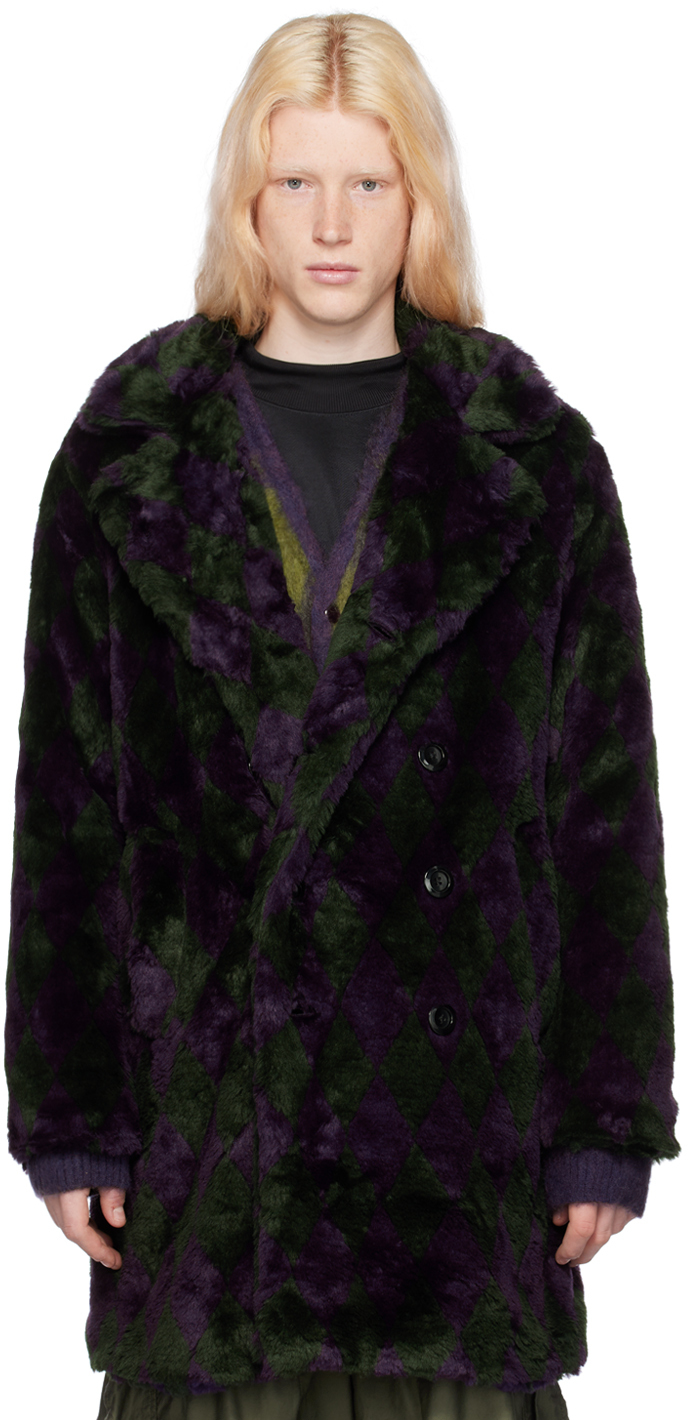 Shop Needles Green & Purple Argyle Faux-fur Coat In A-green/purple