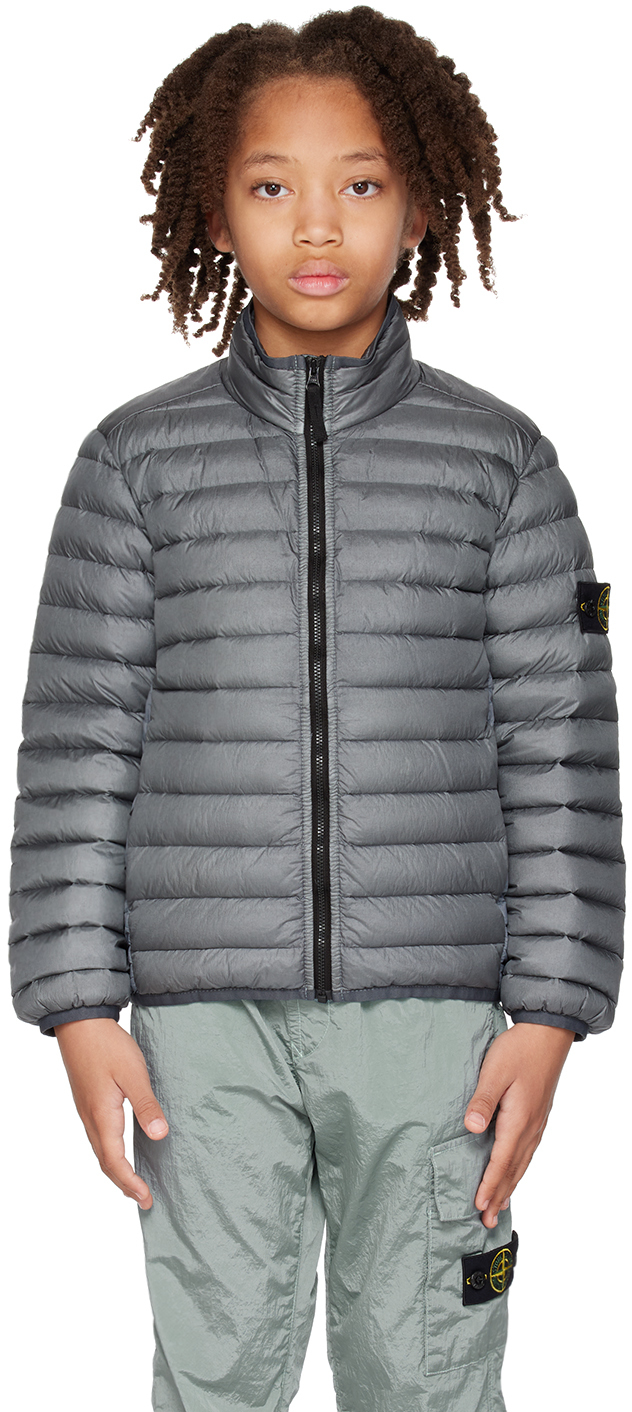 Stone Island Junior Kids Gray Stand Collar Down Jacket In V0063 - Blue Grey