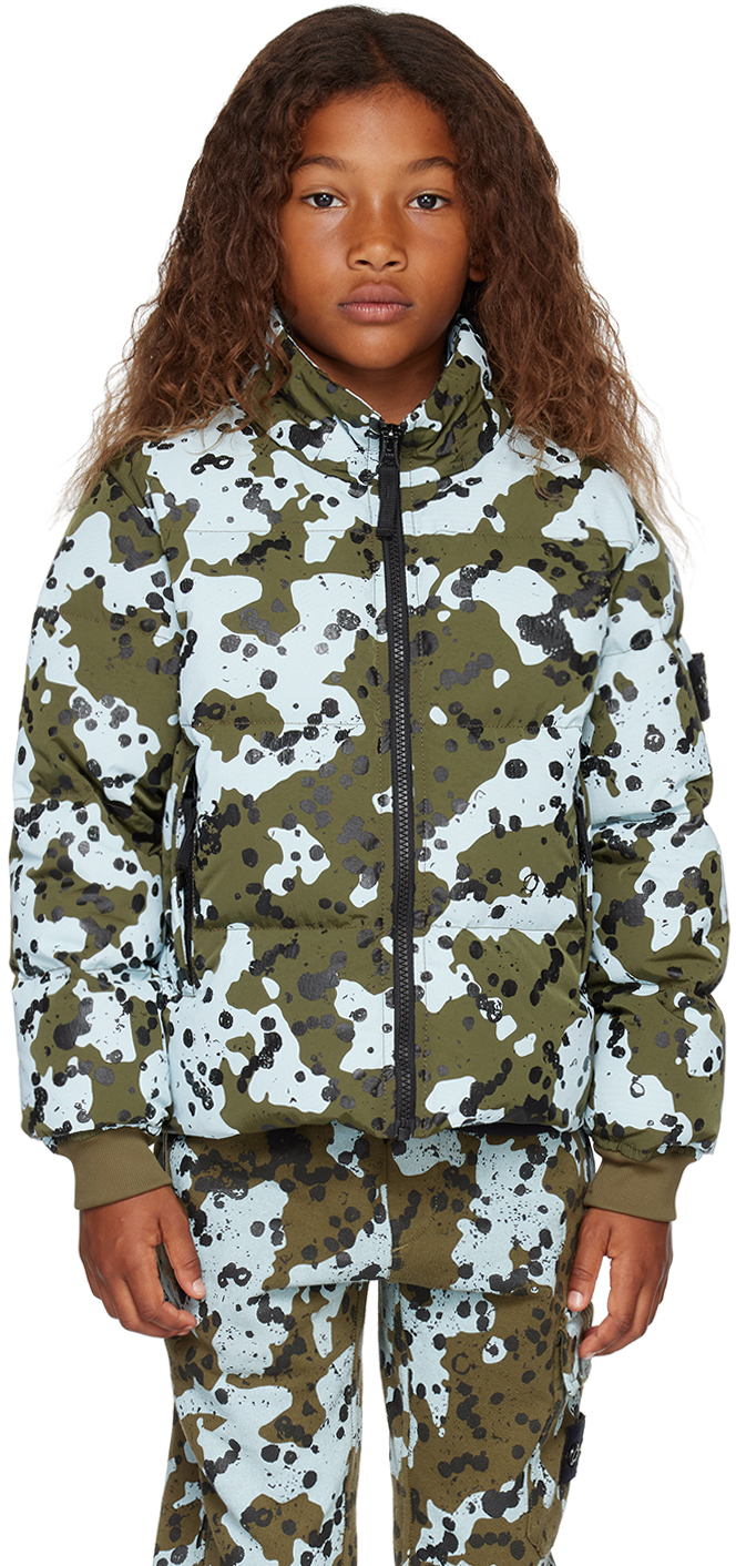 Stone Island Junior Kids Blue & Green Printed Down Jacket In V0054 - Military Gre