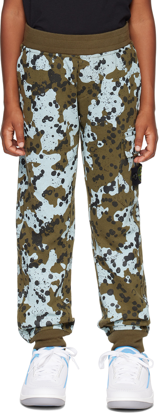 Stone Island Junior Kids Green & Blue Printed Sweatpants In V0054 - Military Gre
